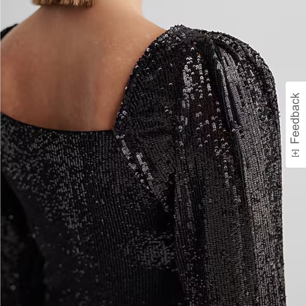 Express size large Sequin Sweetheart Neckline Puff Sleeve Ruched Front Top - Picture 2 of 4